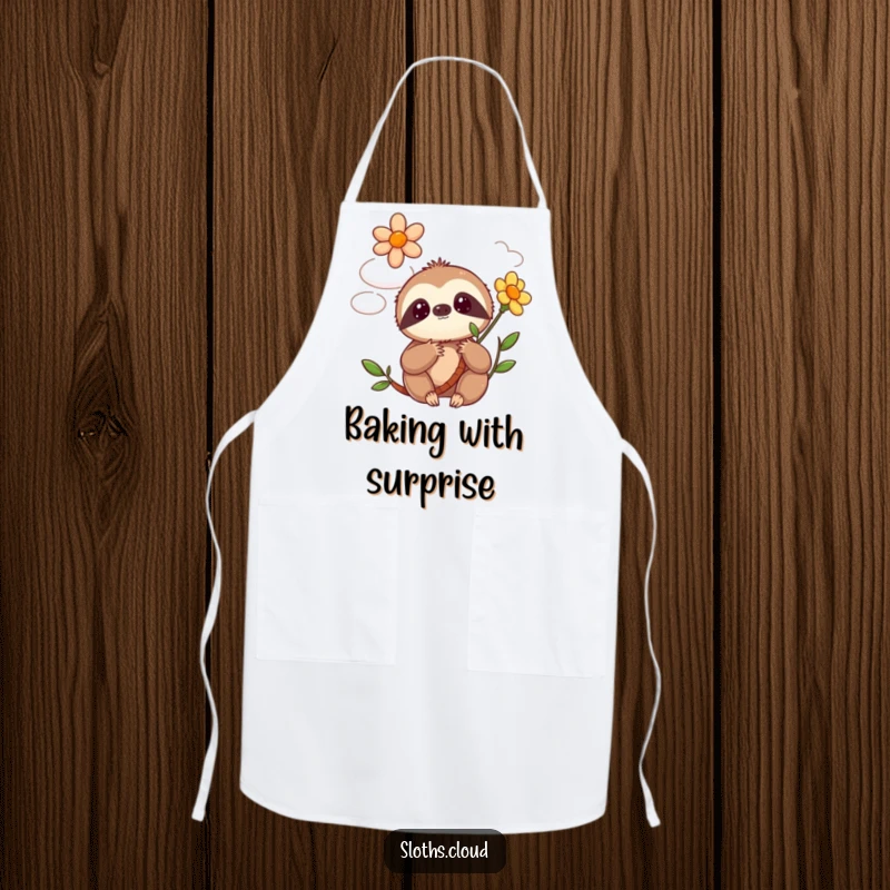 Funny kawaii sloth apron featuring a cute sloth looking surprised by a magical flower blooming from a cloud, great for chefs.
