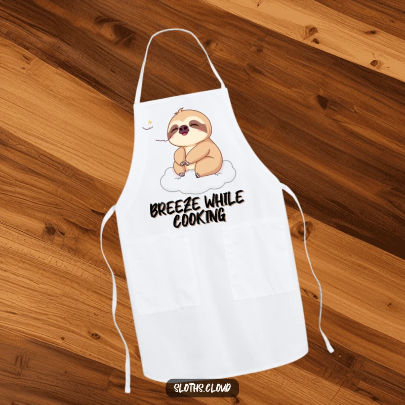 Funny apron with a sloth enjoying a gentle breeze on a cloud, perfect for adding humorous and peaceful flair to kitchen activities.