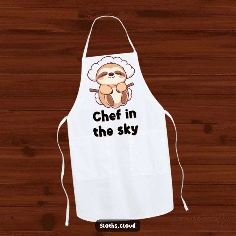 Funny sloth apron, eyes closed, carried by a cloud. A humorous kitchen accessory for chefs who enjoy a slow, delightful cooking process.