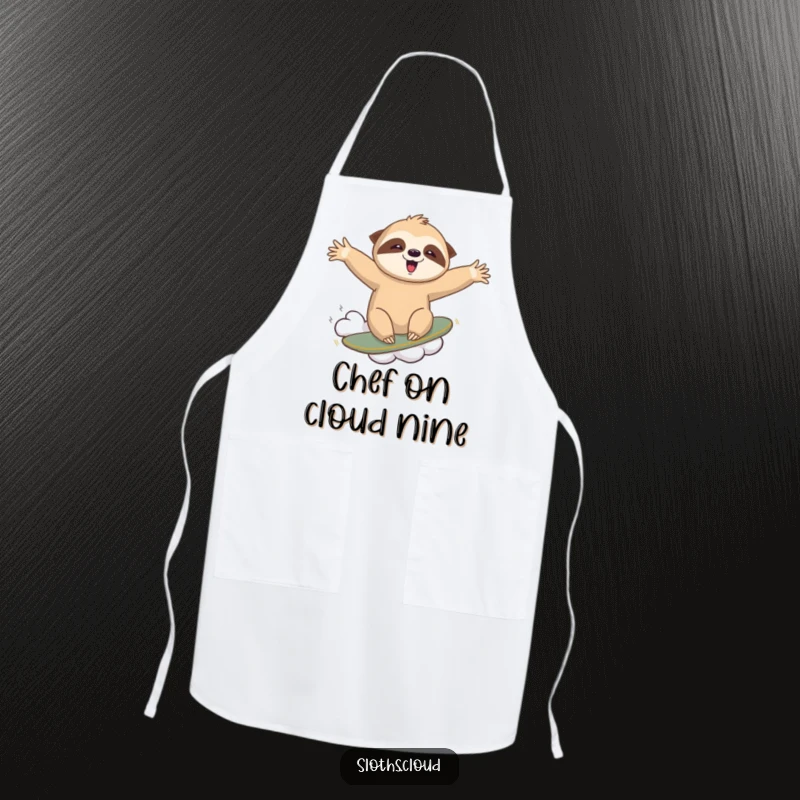 Funny apron depicting a joyful sloth surfing on a wispy cloud, arms outstretched, bringing a sense of thrilling adventure to cooking.