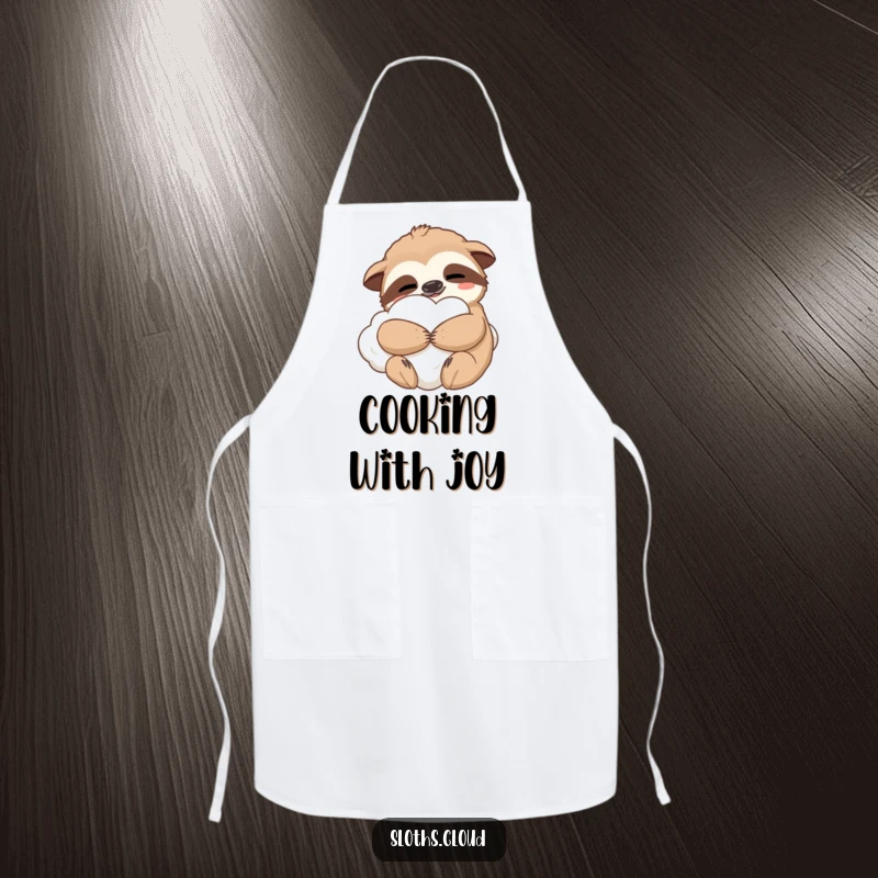 Funny apron with a contented sloth hugging a fluffy cloud, perfect for cozy kitchen vibes and as a humorous gift.