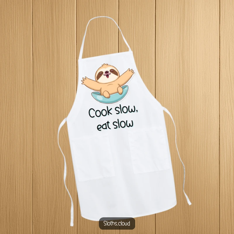 Funny apron featuring a sloth with arms spread wide, enjoying a leisurely float, ideal for humorous kitchen activities and wear.