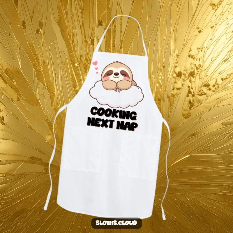 Funny kawaii sloth apron depicting a sloth napping on a cloud, ideal for kitchen use and adding a touch of calm humor.