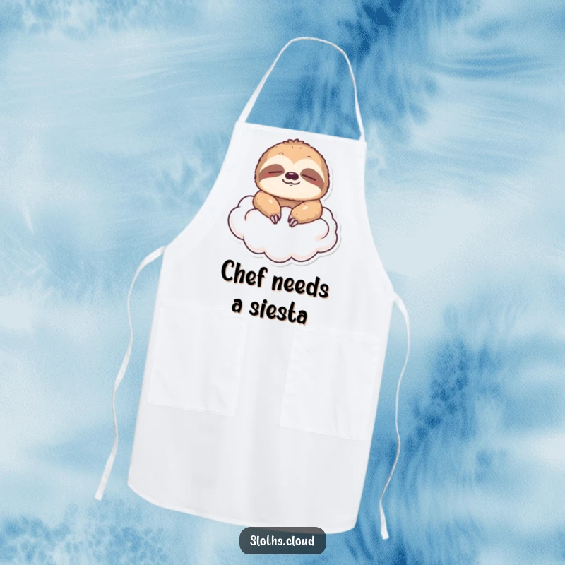 Funny apron showing a sloth floating on a cloud with eyes closed, bringing serene humor to the cook.