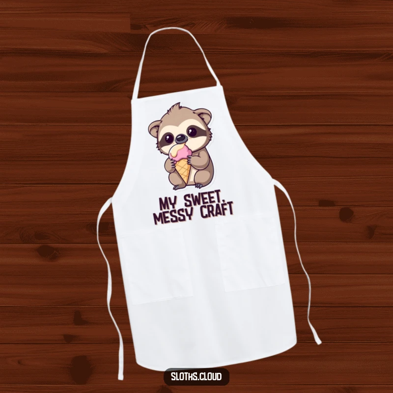 Funny kawaii sloth apron, amused by melting ice cream, perfect for messy cooking, chef humor.