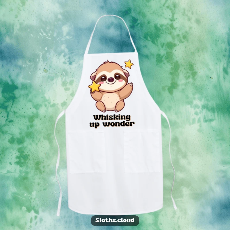 Funny kawaii sloth apron with a cute sloth grinning silly while tossing a star, ready for kitchen magic.