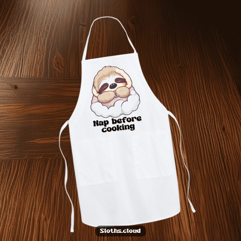 Funny Apron: A sloth naps soundly in a cloud blanket while cooking, bringing humorous, cozy vibes to the kitchen.