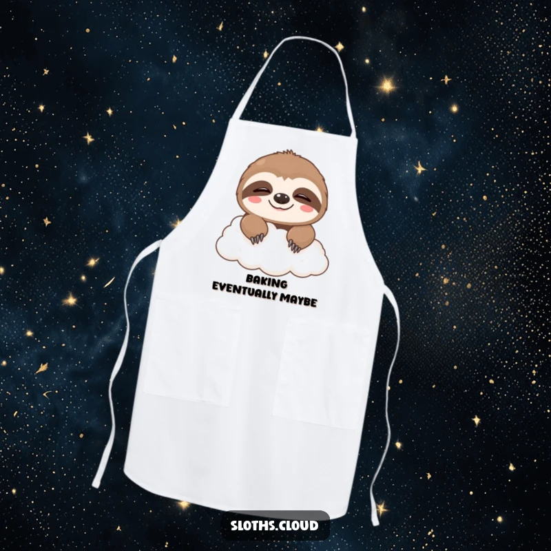 Funny apron showing a cute sloth peeking over a cloud with a sleepy grin, ideal for kitchen fun and humorous cooking.
