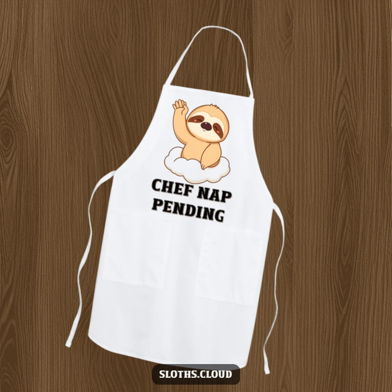 Funny Apron: A sleepy sloth waves gently from a cloud while cooking, bringing humorous, relaxed charm to the kitchen.
