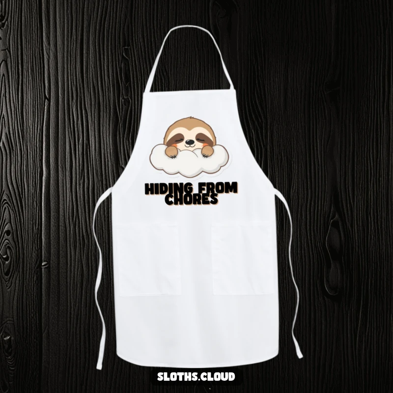 Funny apron showing a sleepy sloth peeking from behind a cloud, ready for calm kitchen moments.
