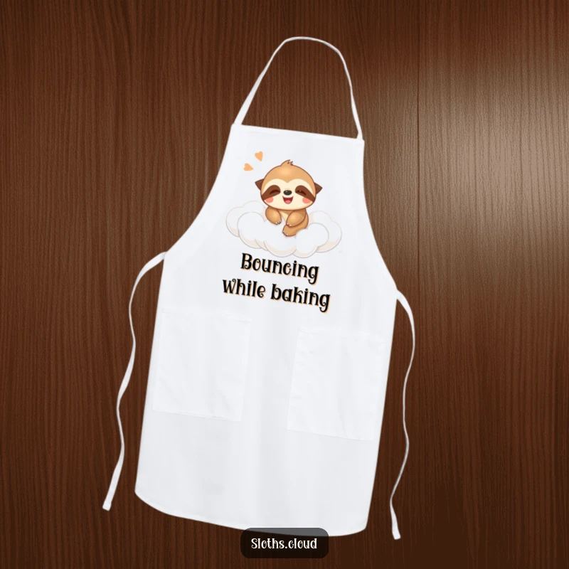 Funny apron with a giggling sloth bouncing on a cloud, perfect for adding humorous and playful flair to kitchen activities.