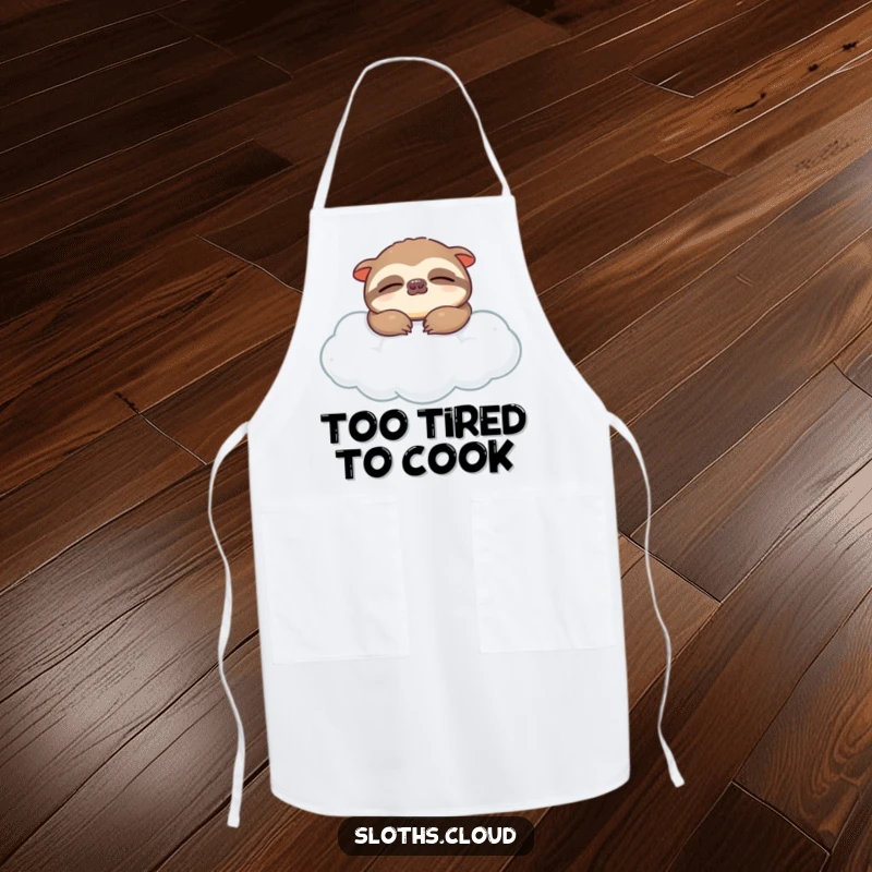 Funny apron depicting a peacefully sleeping sloth drifting on a soft cloud, bringing a sense of calm to the kitchen.