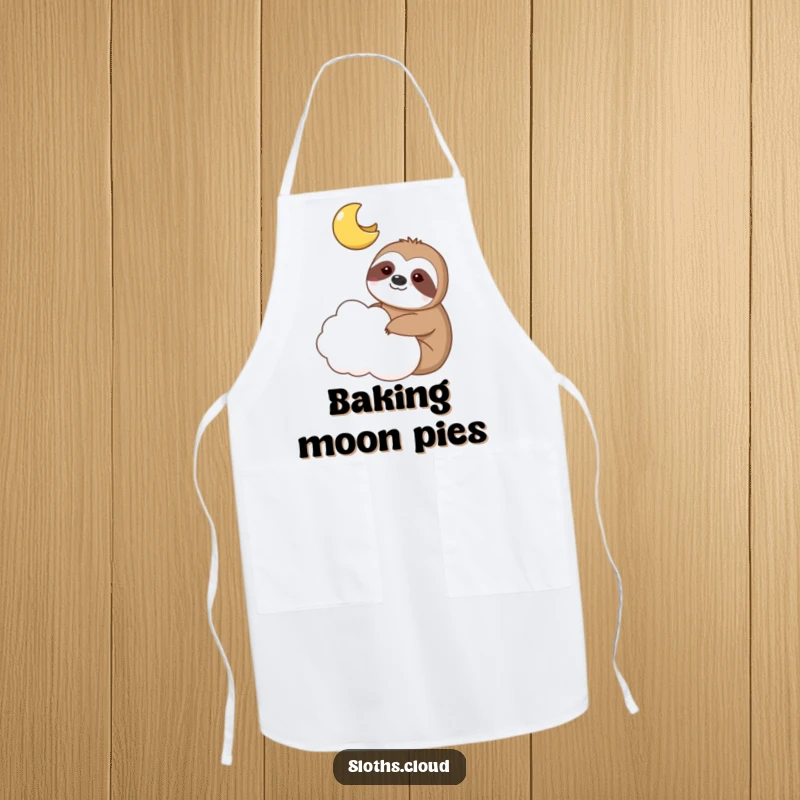 Funny apron shows a sloth and a smiling moon sharing a cloud, adding cosmic humor to cooking.