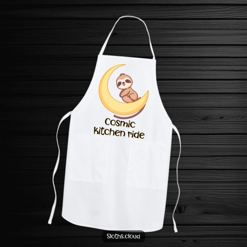 Funny apron featuring a sloth riding a crescent moon like a slow roller coaster, adding gentle cosmic humor to kitchen tasks.