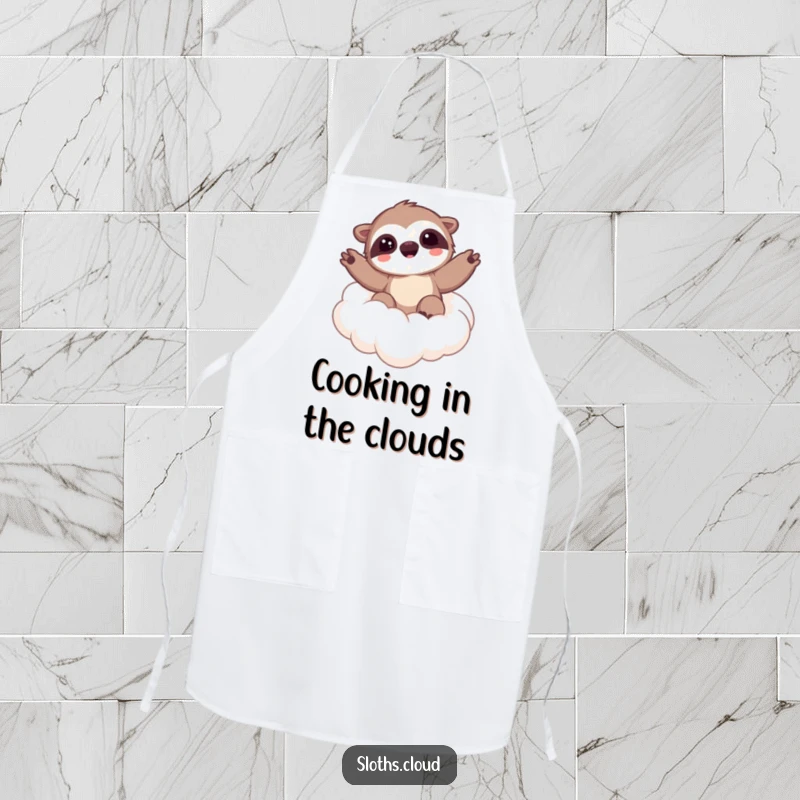 Funny apron featuring a kawaii sloth waving from a cloud, perfect for chefs and home cooks who appreciate whimsical and calming kitchen attire.