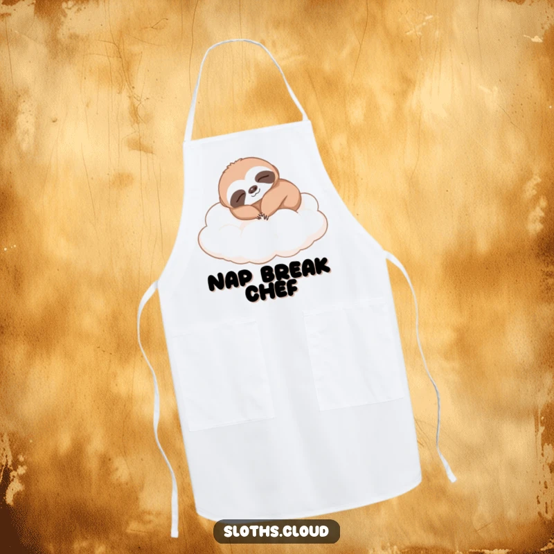 Funny sloth apron, comfortably napping on soft clouds. A humorous kitchen accessory for chefs who appreciate a relaxed approach.
