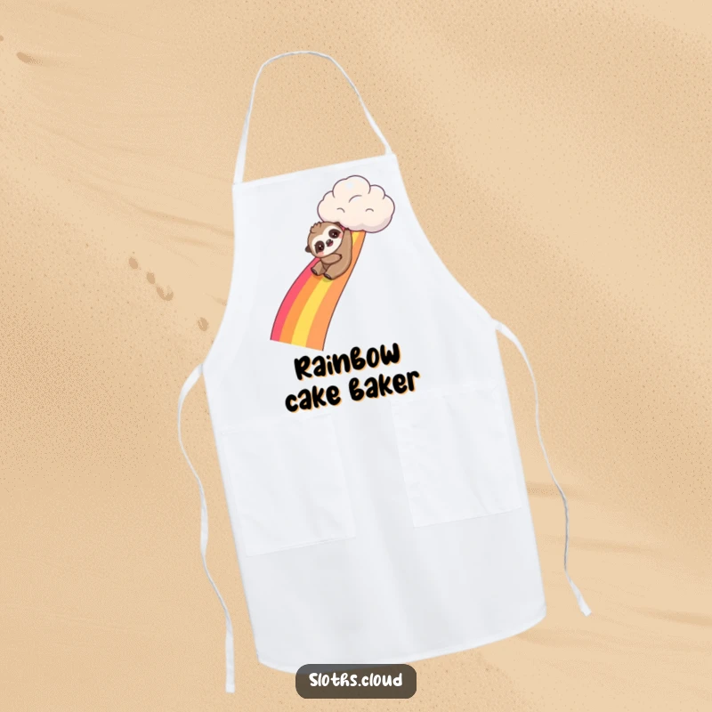 Funny kawaii sloth apron depicting a sloth sliding down a rainbow from a cloud, ideal for kitchen use and adding playful humor.