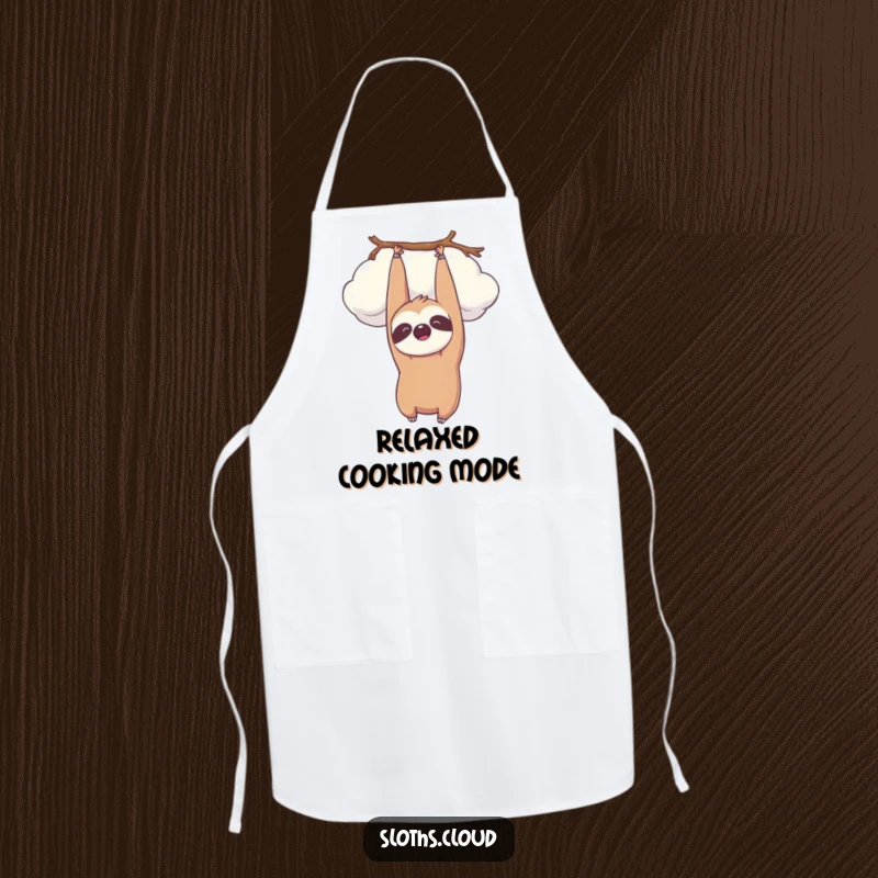 Funny kawaii sloth hanging upside down from a cloud, smiling peacefully. Humorous apron.