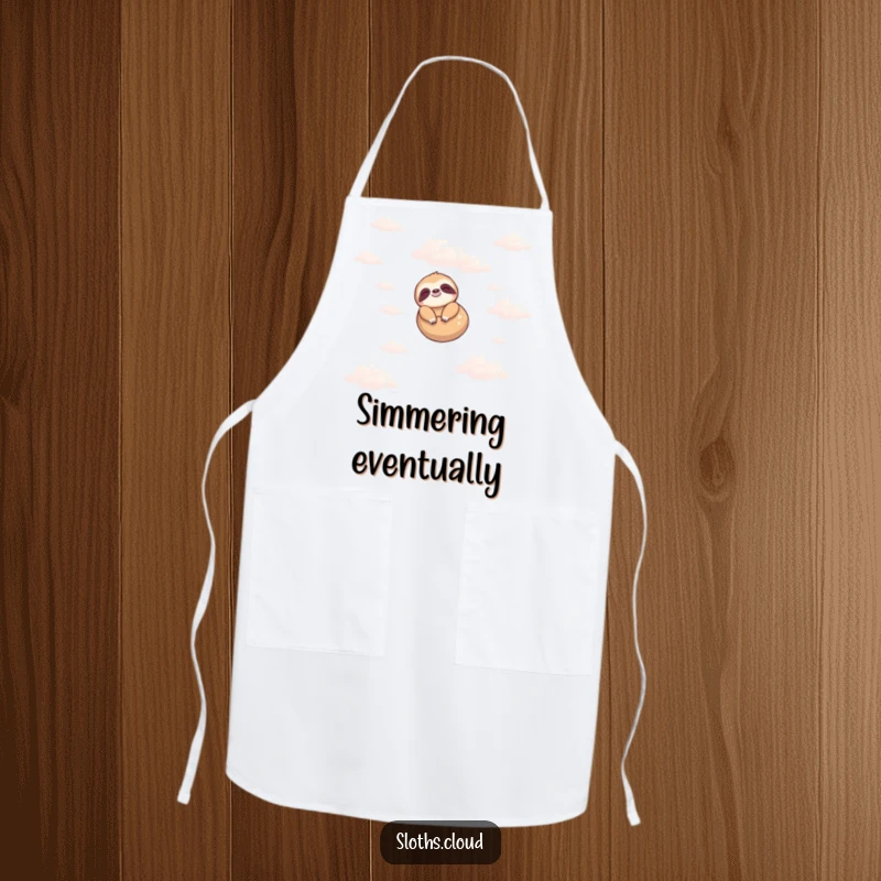Funny apron featuring a serene sloth peacefully floating amongst soft clouds, ideal for humorous kitchen activities and wear.