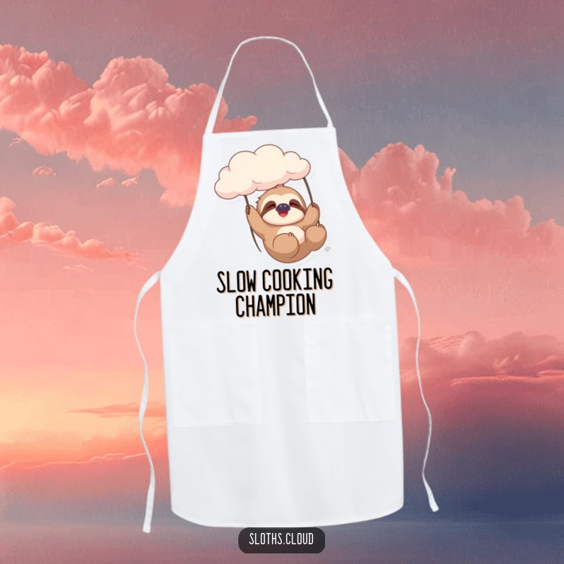 Funny sloth character gently swinging from a cloud, looking relaxed, printed on a practical kitchen apron.
