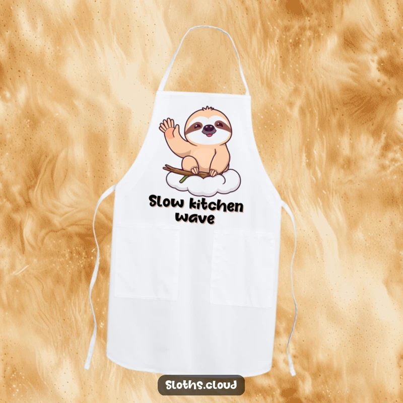 Funny apron featuring a happy sloth on a cloud, giving a slow, cheerful wave, adding gentle humor to kitchen tasks.