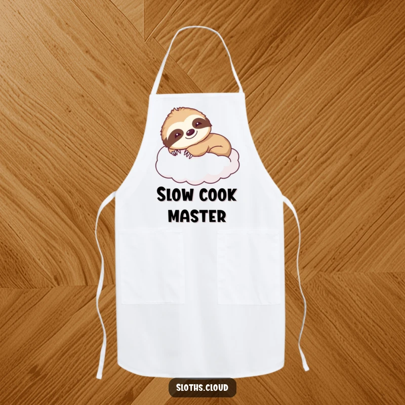 Funny apron with a smiling sloth stretching languidly on a fluffy cloud, perfect for relaxed kitchen fun and as a humorous gift.