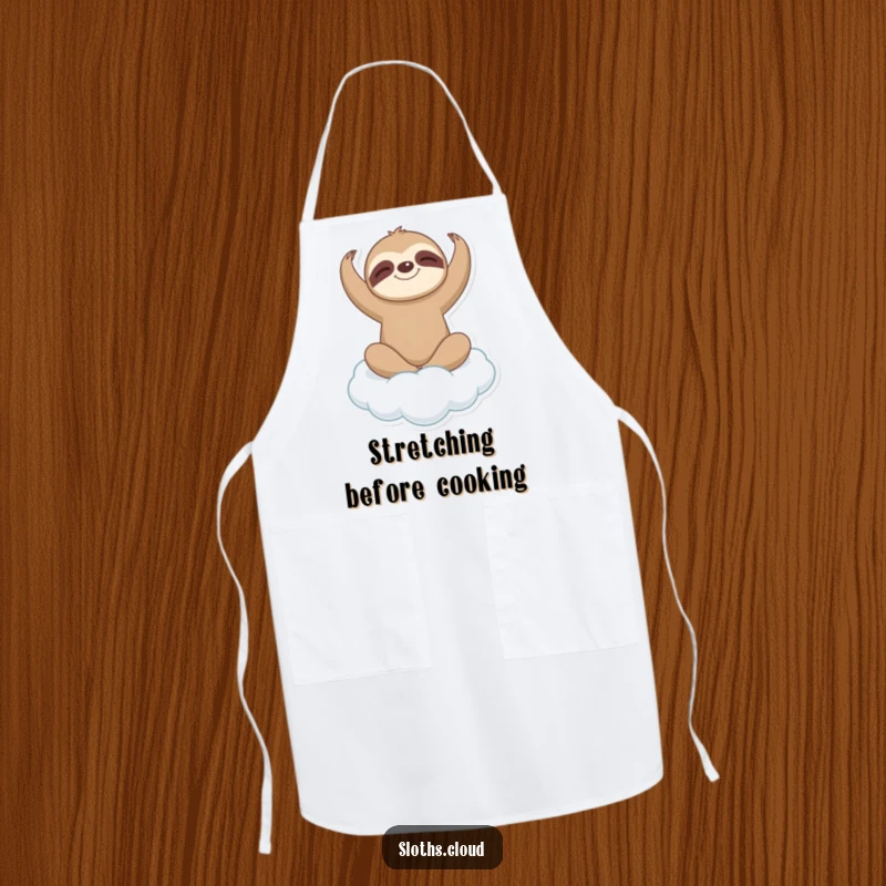 Funny sloth character in a gentle yoga pose on a cloud, looking serene, printed on a practical kitchen apron.