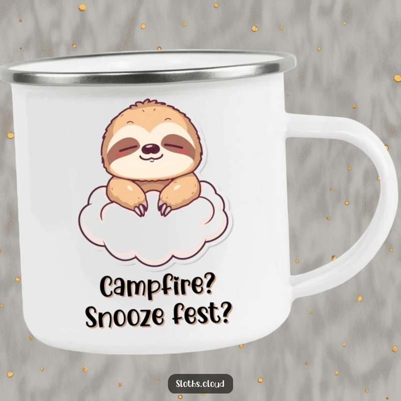 Funny camping mug featuring a sloth floating on a cloud with eyes closed, bringing serene humor to outdoor adventures.