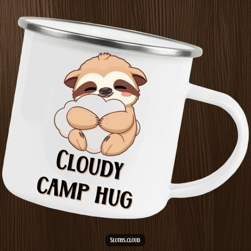 Funny camping mug featuring a contented sloth hugging a fluffy cloud, perfect for outdoor comfort and as a humorous gift.