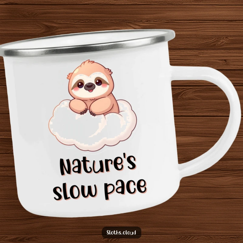 Funny camping mug featuring a kawaii sloth smiling serenely, floating on a cloud, ideal for outdoor enthusiasts.