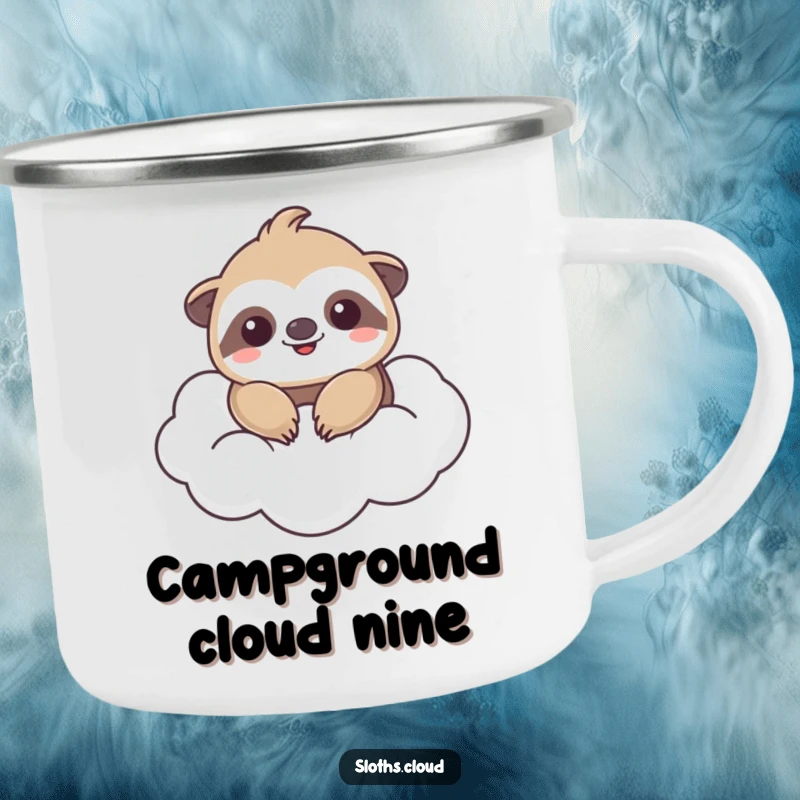 Funny camping mug with a kawaii sloth smiling on a fluffy cloud, ideal funny gift for outdoor adventures.