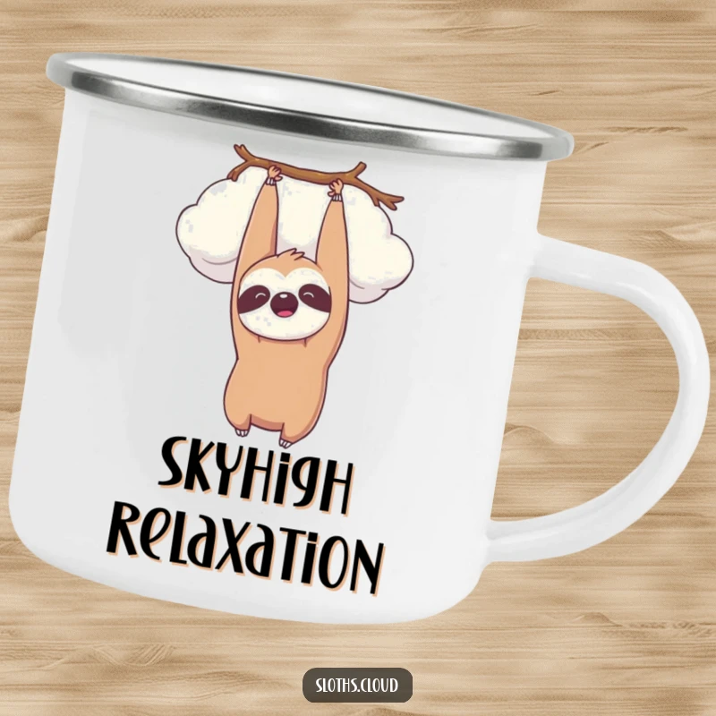 Funny kawaii sloth hanging upside down from a cloud, smiling peacefully. Durable, humorous camping mug.