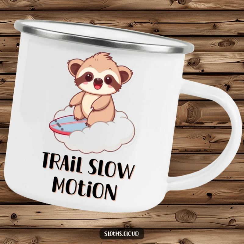 Funny kawaii sloth camping mug depicting a sloth surfing a cloud, ideal for outdoor enthusiasts who love cheerful designs.