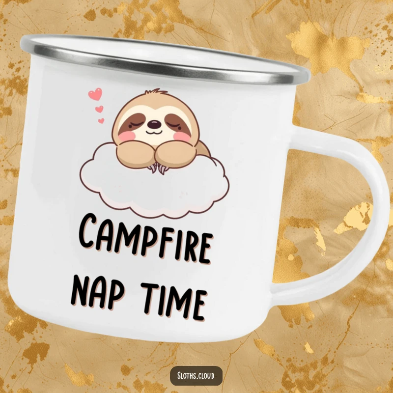 Funny kawaii sloth camping mug depicting a sloth napping on a cloud, ideal for outdoor enthusiasts seeking relaxation and humor.