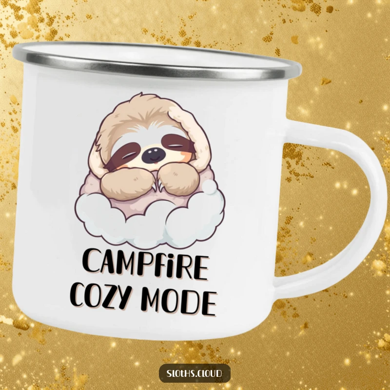Funny Camping Mug: A sloth naps peacefully in a cloud blanket, perfect for enjoying drinks outdoors with humorous, cozy appeal.