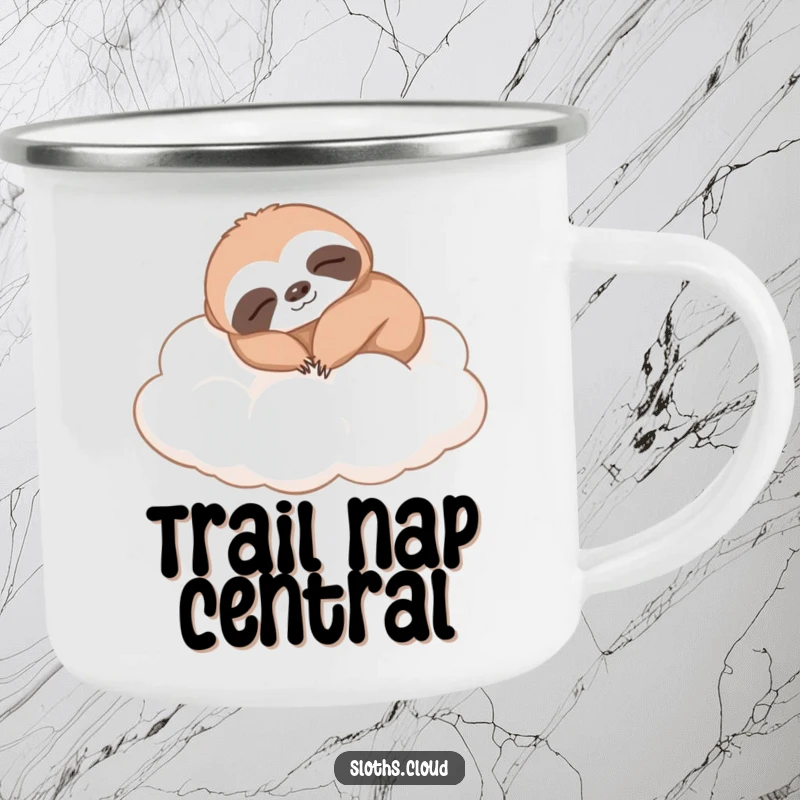 Funny sloth camping mug, comfortably napping on soft clouds. A durable, humorous mug for outdoor enthusiasts who love to relax.