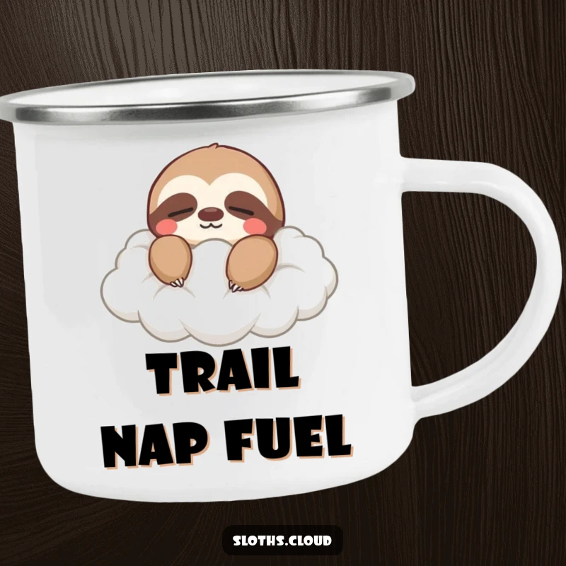 Funny camping mug with a sloth with closed eyes peacefully drifting on a cloud, ideal for serene outdoor moments.