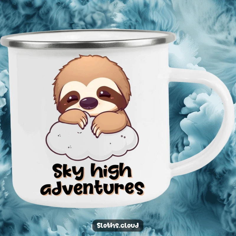 Funny camping mug showing a sloth playfully nudging a fluffy cloud, perfect for enjoying drinks during whimsical outdoor activities.