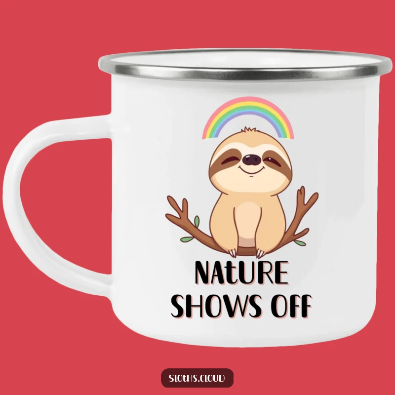Funny Serene Sloth Rainbow Camping Mug: Enjoy Nature with Hilarious Calm