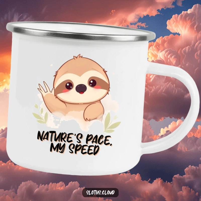 Funny sloth peeking shyly from behind thick fog, waving on a durable camping mug. Humorous outdoor gear.