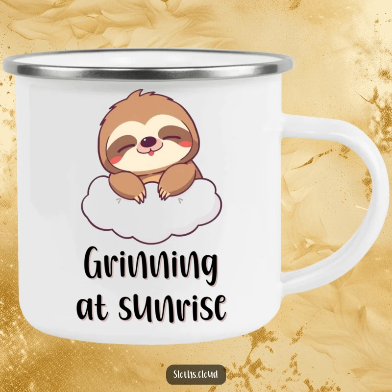 Funny camping mug featuring a sloth with a wide, sleepy grin drifting on a cloud, for enjoying beverages outdoors with cheerful humor.