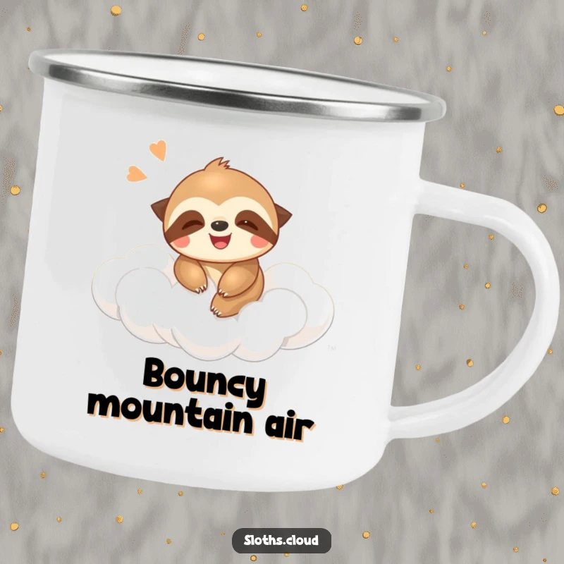 Funny camping mug with a giggling sloth bouncing on a cloud, ideal for enjoying warm drinks during outdoor adventures.