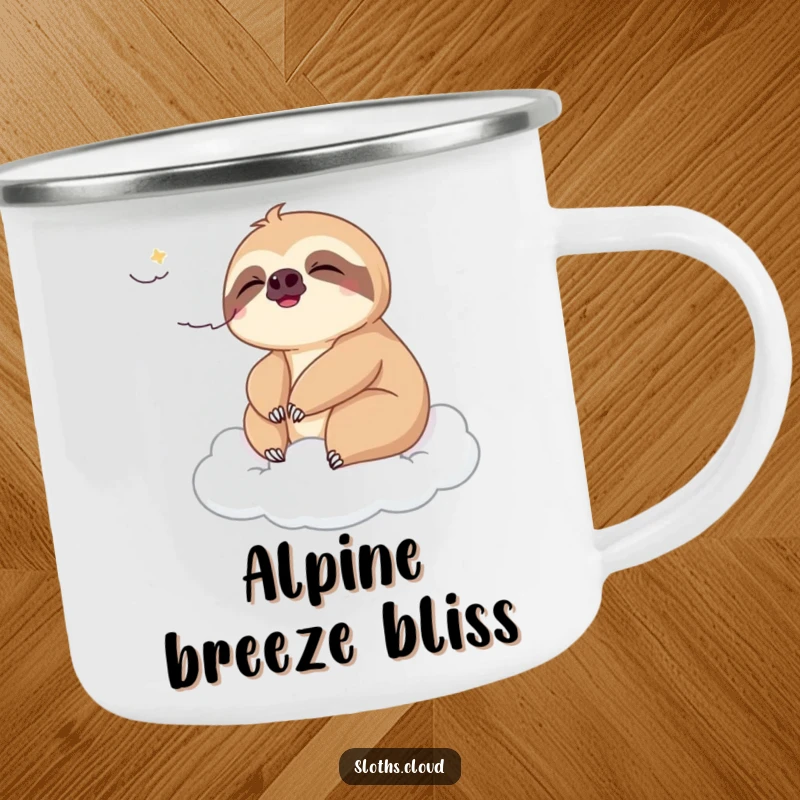 Funny camping mug with a sloth enjoying a gentle breeze on a cloud, ideal for enjoying warm drinks during outdoor adventures.