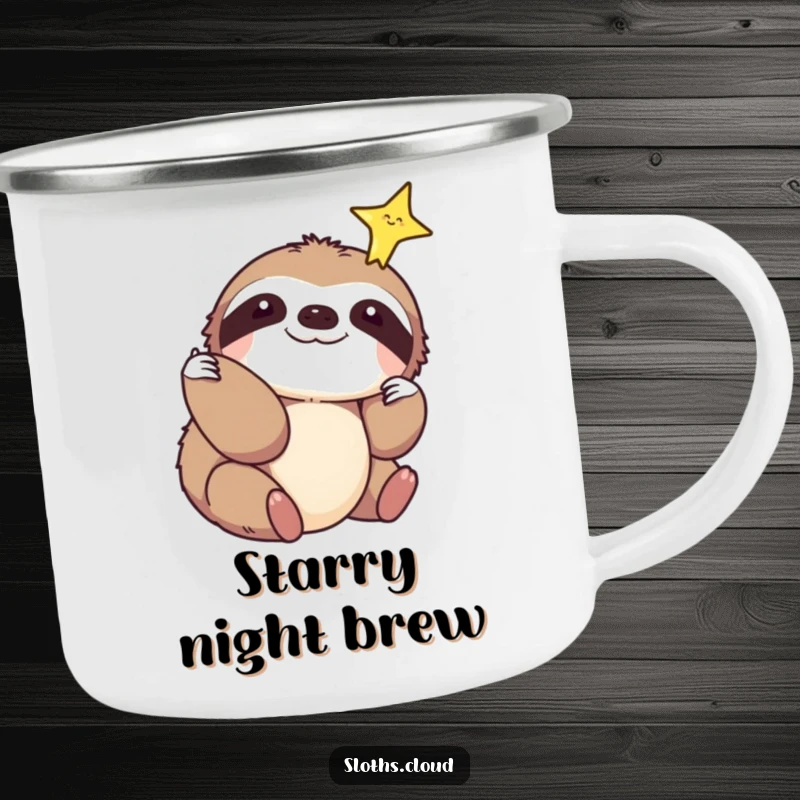 Funny camping mug with a sloth reaching out to touch a sparkling star, combining outdoor utility with dreamy, humorous inspiration.