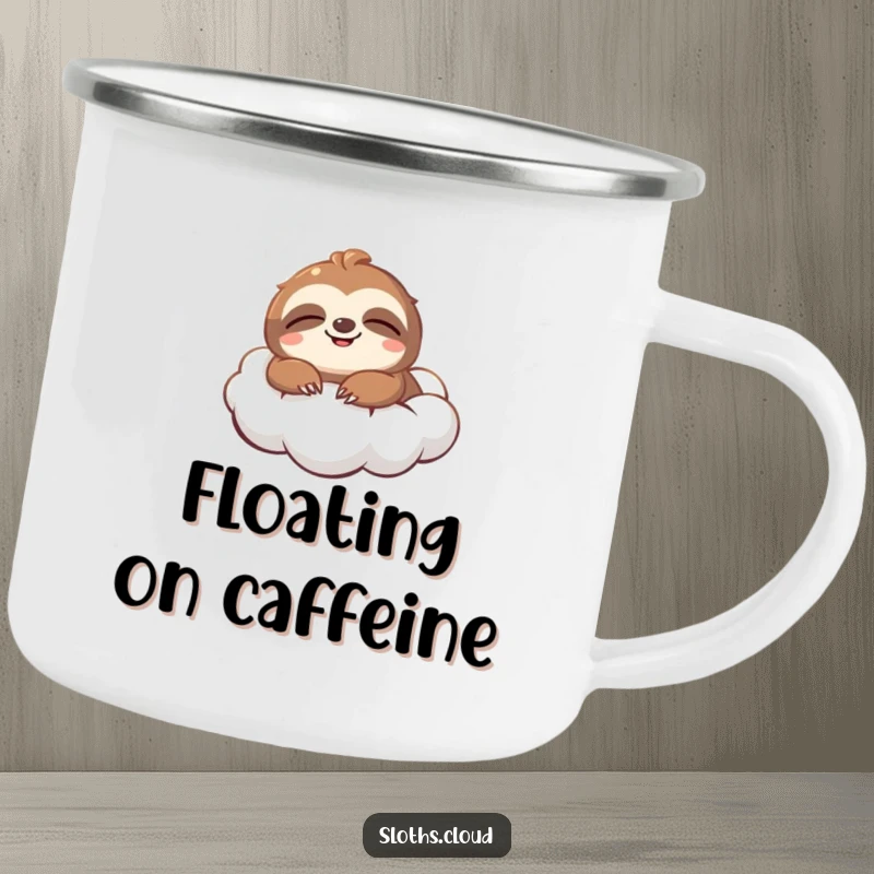 Funny Camping Mug: A smiling sloth blissfully floats on a cloud, perfect for enjoying drinks outdoors with humorous, chill vibes.