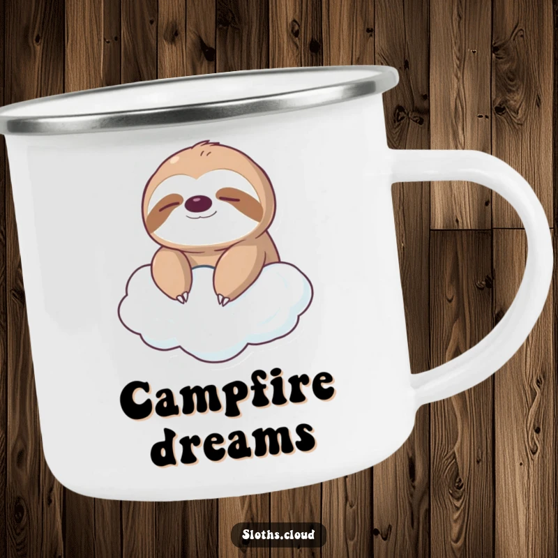 Funny camping mug featuring a serene sloth floating on a cloud, perfect for outdoor relaxation and as a humorous gift.