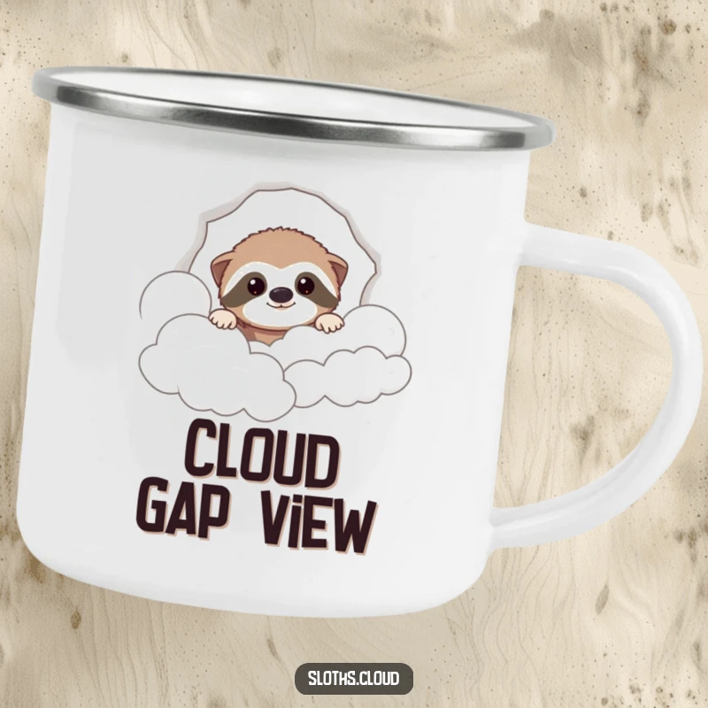 Funny camping mug featuring a cute sloth peeking through clouds, perfect for rugged adventures and humorous breaks.
