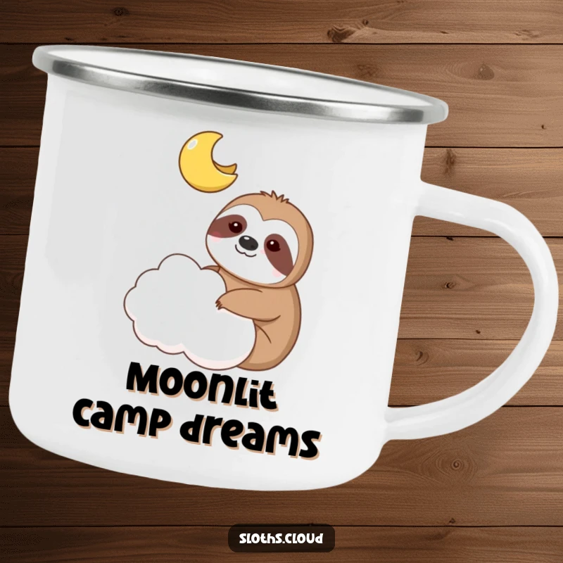 Funny camping mug shows a sloth and a smiling moon sharing a cloud, perfect for outdoor use.