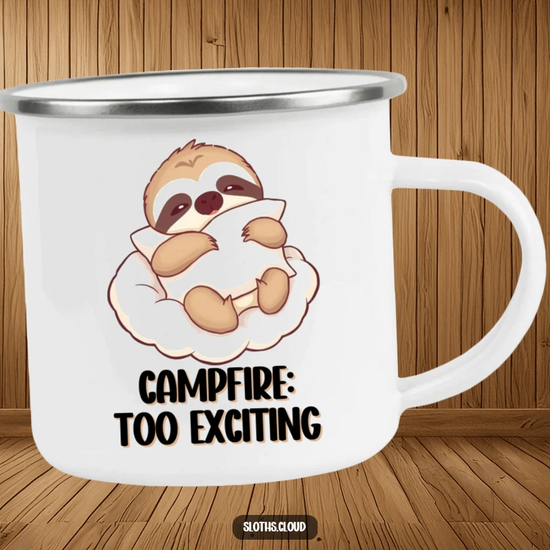 Funny camping mug with a lazy sloth holding a pillow, drifting on a cloud, for outdoor relaxation enthusiasts.