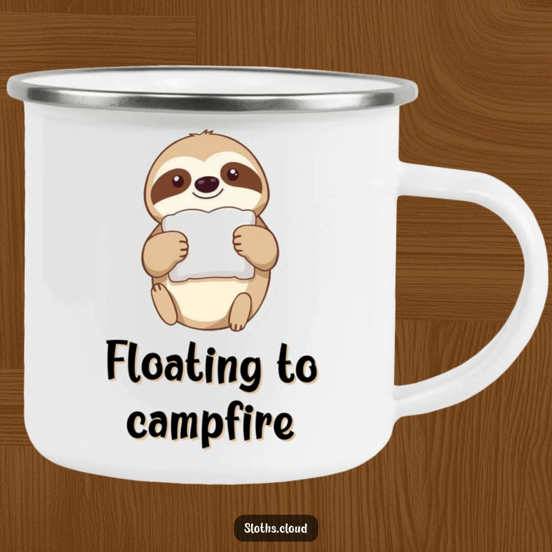 Funny Camping Mug: A sloth drifts through the air holding a tiny, fluffy pillow, perfect for cozy outdoor sips.